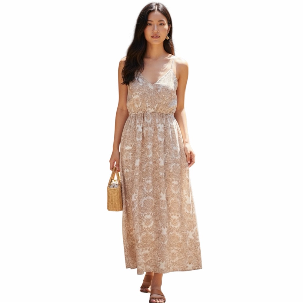 Promesa Woman’s Floral Chiffon Open-Back Halter Maxi Dress Tan/Cream Size Small